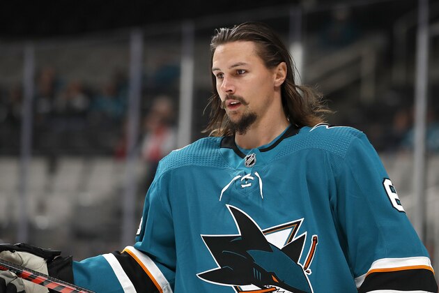 San Jose Sharks defenseman Erik Karlsson warms up for the team's NHL preseason hockey game against the Calgary Flames in San Jose, Calif., Thursday, Sept. 27, 2018. (AP Photo/Tony Avelar)