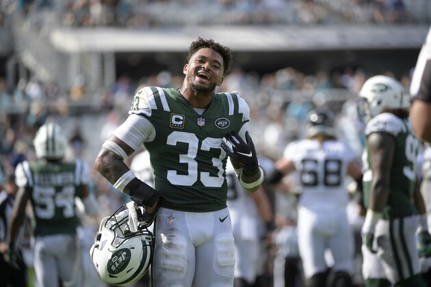 New York Jets strong safety Jamal Adams (33) argues with an official after getting flagged for a penalty during the second half of an NFL football game against the Jacksonville Jaguars Sunday, Sept. 30, 2018, in Jacksonville, Fla. The Jaguars won 31-12. (AP Photo/Phelan M. Ebenhack)
