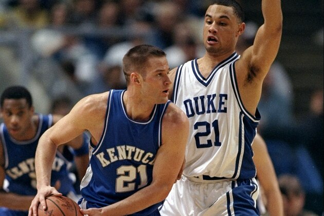 22 Mar 1998:  Guard Cameron Mills of the Kentucky Wildcats in action against guard Trajan Langdon of the Duke Blue Devils during an NCAA South Regional Finals game at Tropicana Field in St. Petersburg, Florida.  Kentucky defeated Duke 86-84. Mandatory Credit: Andy Lyons  /Allsport