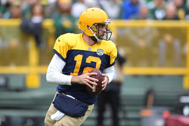 GREEN BAY, WI - SEPTEMBER 30:  Aaron Rodgers #12 of the Green Bay Packers looks to pass during a game against the Buffalo Bills at Lambeau Field on September 30, 2018 in Green Bay, Wisconsin.  (Photo by Stacy Revere/Getty Images)