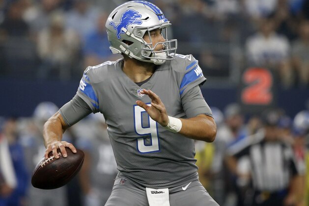 Detroit Lions quarterback Matthew Stafford (9) prepares to throw in the first half of an NFL football game against the Dallas Cowboys n Arlington, Texas, Sunday, Sept. 30, 2018. (AP Photo/Ron Jenkins)