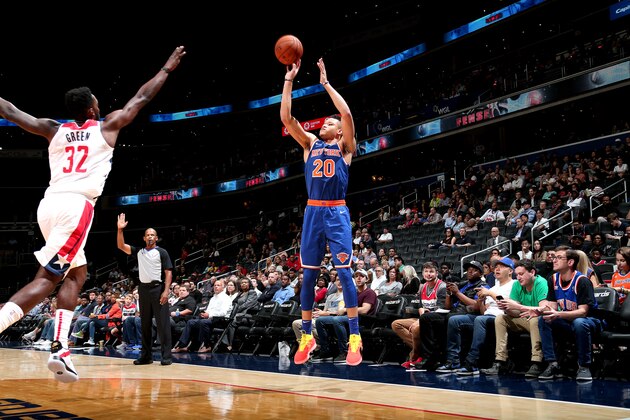 WASHINGTON, DC - OCTOBER 1: Kevin Knox #20 of the New York Knicks shoots the ball against the Washington Wizards during pre-season game on October 1, 2018 at Capital One Arena in Washington, DC. NOTE TO USER: User expressly acknowledges and agrees that, by downloading and/or using this photograph, user is consenting to the terms and conditions of the Getty Images License Agreement. Mandatory Copyright Notice: Copyright 2018 NBAE (Photo by Ned Dishman/NBAE via Getty Images)