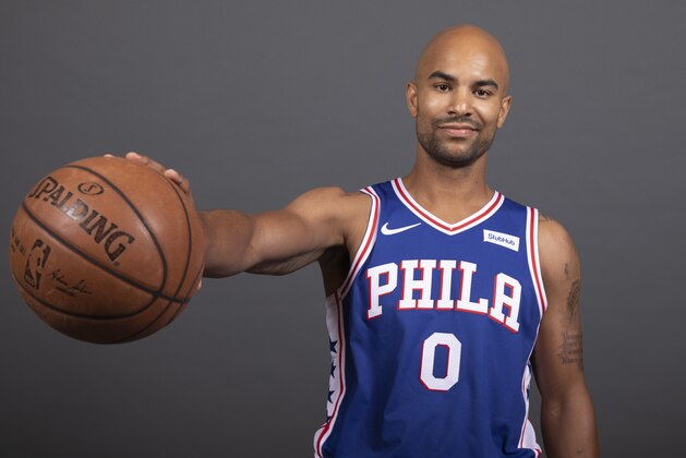 Philadelphia 76ers' Jerryd Bayless poses for a photograph during media day at the NBA basketball team's practice facility, Friday, Sept. 21, 2018, in Camden. (AP Photo/Chris Szagola)