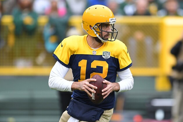 GREEN BAY, WI - SEPTEMBER 30:  Aaron Rodgers #12 of the Green Bay Packers looks to pass during a game against the Buffalo Bills at Lambeau Field on September 30, 2018 in Green Bay, Wisconsin.  (Photo by Stacy Revere/Getty Images)