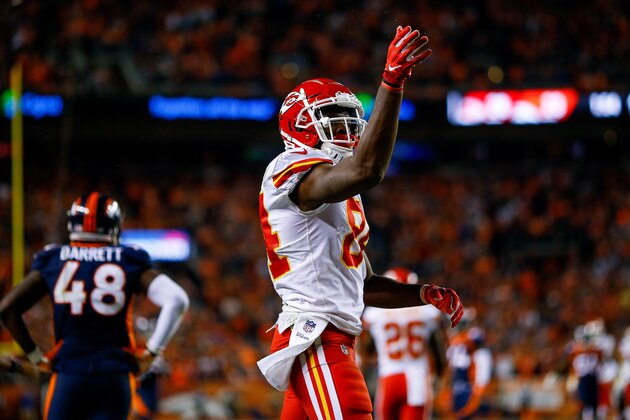 DENVER, CO - OCTOBER 1:  Tight end Demetrius Harris #84 of the Kansas City Chiefs celebrates after a 35-yard reception for a first down in the fourth quarter of a game at Broncos Stadium at Mile High on October 1, 2018 in Denver, Colorado. (Photo by Justin Edmonds/Getty Images)