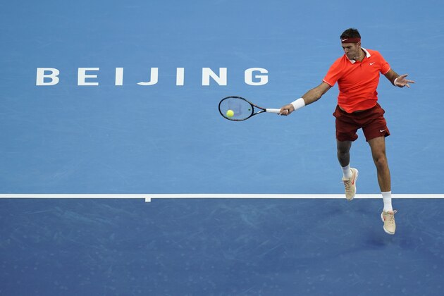 BEIJING, CHINA - OCTOBER 02: Juan Martin Del Potro of Argentina plays a forehand against Albert Ramos-Vinolas of Spain on day three of 2018 China Open at the China National Tennis Centre (Photo by Fred Lee/Getty Images)