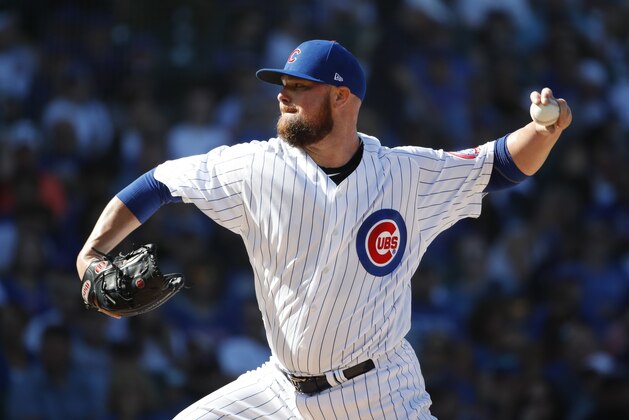 Chicago Cubs starting pitcher Jon Lester delivers during the first inning of a baseball game against the Cincinnati Reds, in Chicago, on Saturday, Sept. 15, 2018. (AP Photo/Jeff Haynes)
