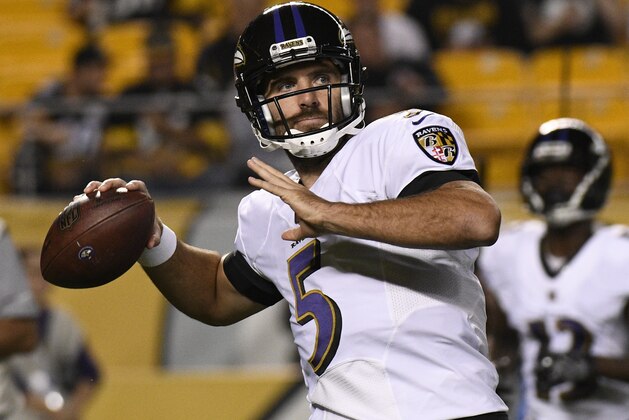 FILE - In this Sept. 30, 2018, file photo, Baltimore Ravens quarterback Joe Flacco (5) warms up before an NFL football game against the Pittsburgh Steelers in Pittsburgh. The Ravens ended a three-game losing streak against the rival Pittsburgh Steelers. (AP Photo/Don Wright, File)