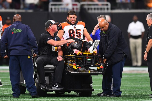 ATLANTA, GA - SEPTEMBER 30: Tyler Eifert #85 of the Cincinnati Bengals is carted off the field after an injury during the third quarter against the Atlanta Falcons at Mercedes-Benz Stadium on September 30, 2018 in Atlanta, Georgia. (Photo by Scott Cunningham/Getty Images)
