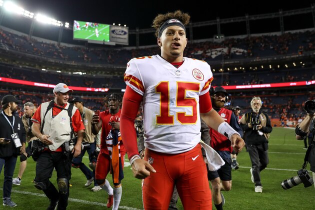 DENVER, CO - OCTOBER 1:  Quarterback Patrick Mahomes #15 of the Kansas City Chiefs walks off the field after a 27-23 win over the Denver Broncos at Broncos Stadium at Mile High on October 1, 2018 in Denver, Colorado. (Photo by Matthew Stockman/Getty Images)