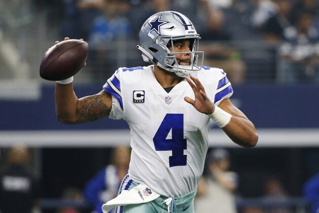 Dallas Cowboys quarterback Dak Prescott (4) passes in the first half of an NFL football game against the Detroit Lions in Arlington, Texas, Sunday, Sept. 30, 2018. (AP Photo/Roger Steinman)