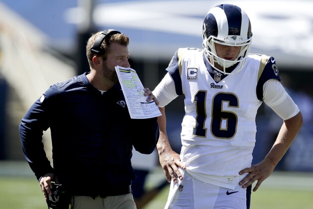 Los Angeles Rams head coach Sean McVay, left, talks with quarterback Jared Goff during the first half of an NFL football game against the Arizona Cardinals Sunday, Sept. 16, 2018, in Los Angeles. (AP Photo/Jae C. Hong)