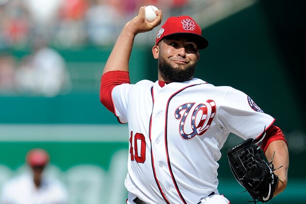 WASHINGTON, DC - AUGUST 05:  Kelvin Herrera #40 of the Washington Nationals pitches in the ninth inning against the Cincinnati Reds at Nationals Park on August 5, 2018 in Washington, DC.  (Photo by Greg Fiume/Getty Images)