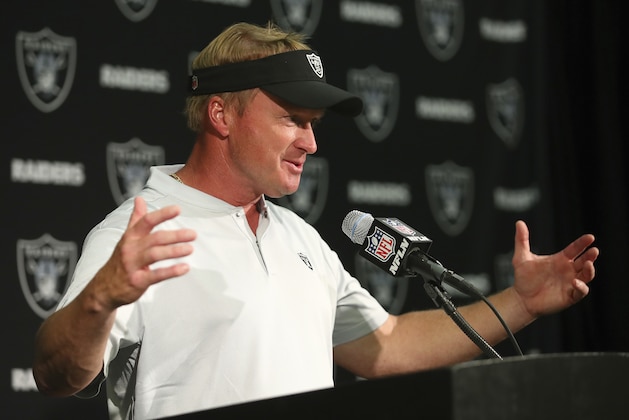 Oakland Raiders head coach Jon Gruden speaks at a news conference after an NFL football game against the Cleveland Browns in Oakland, Calif., Sunday, Sept. 30, 2018. (AP Photo/Ben Margot) Oakland Raiders head coach Jon Gruden speaks at a news conference after an NFL football game against the Cleveland Browns in Oakland, Calif., Sunday, Sept. 30, 2018. (AP Photo/Ben Margot)