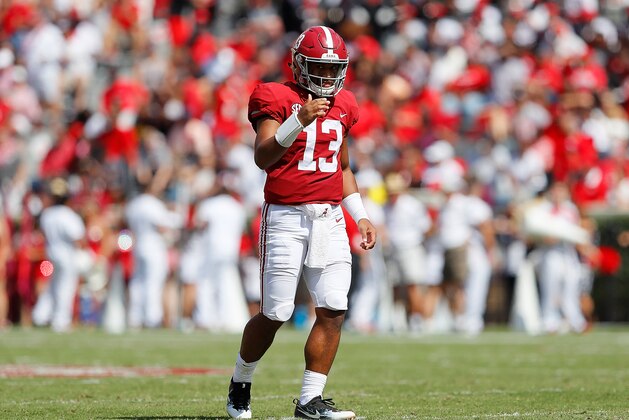 TUSCALOOSA, AL - SEPTEMBER 29:  Tua Tagovailoa #13 of the Alabama Crimson Tide reacts after passing for a touchdown against the Louisiana Ragin Cajuns at Bryant-Denny Stadium on September 29, 2018 in Tuscaloosa, Alabama.  (Photo by Kevin C. Cox/Getty Images)