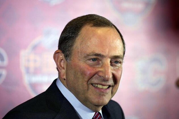 NHL Commissioner Gary Bettman attends a press conference before an NHL China Games hockey game between the Boston Bruins and the Calgary Flames in Shenzhen in southern China's Guangdong province, Saturday, Sept. 15, 2018. (Color China Photo via AP)