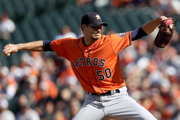 BALTIMORE, MD - SEPTEMBER 30: Starting pitcher Charlie Morton #50 of the Houston Astros throws to a Baltimore Orioles batter in the first inning at Oriole Park at Camden Yards on September 30, 2018 in Baltimore, Maryland. (Photo by Rob Carr/Getty Images)
