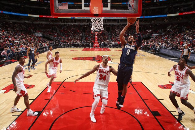 CHICAGO, IL - SEPTEMBER 30:  Jahlil Okafor #8 of the New Orleans Pelicans shoots the ball against the Chicago Bulls during a pre-season game on September 30, 2018 at the United Center in Chicago, Illinois. NOTE TO USER: User expressly acknowledges and agrees that, by downloading and or using this photograph, user is consenting to the terms and conditions of the Getty Images License Agreement.  Mandatory Copyright Notice: Copyright 2018 NBAE (Photo by Gary Dineen/NBAE via Getty Images)