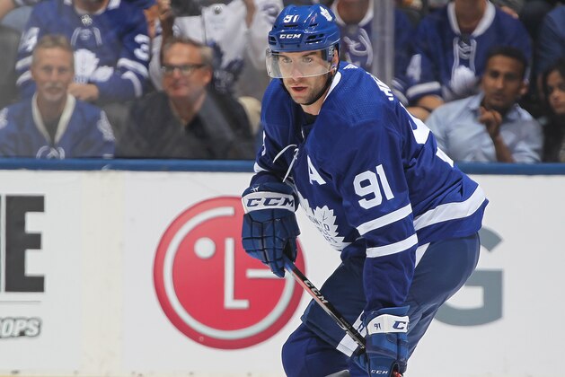 TORONTO,ON - SEPTEMBER 21:  John Tavares #91 of the Toronto Maple Leafs skates against the Buffalo Sabres during an NHL pre-season game at Scotiabank Arena on September 21, 2018 in Toronto, Ontario, Canada. The Maple Leafs defeated the Sabres 5-3. (Photo by Claus Andersen/Getty Images)