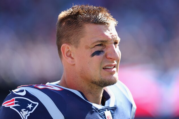 FOXBOROUGH, MA - SEPTEMBER 30:  Rob Gronkowski #87 of the New England Patriots looks on during the first half against the Miami Dolphins at Gillette Stadium on September 30, 2018 in Foxborough, Massachusetts.  (Photo by Maddie Meyer/Getty Images)