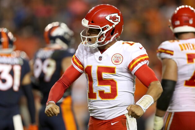 DENVER, CO - OCTOBER 01:  Quarterback Patrick Mahomes #15 of the Kansas City Chiefs celebrates a touchdown against the Denver Broncos at Broncos Stadium at Mile High on October 1, 2018 in Denver, Colorado.  (Photo by Matthew Stockman/Getty Images)