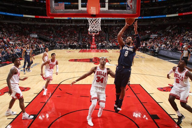 CHICAGO, IL - SEPTEMBER 30: Jahlil Okafor #8 of the New Orleans Pelicans shoots the ball against the Chicago Bulls during a pre-season game on September 30, 2018 at the United Center in Chicago, Illinois. NOTE TO USER: User expressly acknowledges and agrees that, by downloading and or using this photograph, user is consenting to the terms and conditions of the Getty Images License Agreement. Mandatory Copyright Notice: Copyright 2018 NBAE (Photo by Gary Dineen/NBAE via Getty Images) CHICAGO, IL - SEPTEMBER 30: Jahlil Okafor #8 of the New Orleans Pelicans shoots the ball against the Chicago Bulls during a pre-season game on September 30, 2018 at the United Center in Chicago, Illinois. NOTE TO USER: User expressly acknowledges and agrees that, by downloading and or using this photograph, user is consenting to the terms and conditions of the Getty Images License Agreement. Mandatory Copyright Notice: Copyright 2018 NBAE (Photo by Gary Dineen/NBAE via Getty Images)