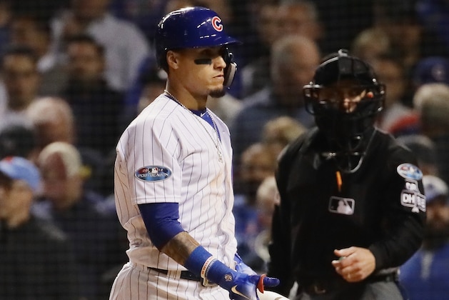 CHICAGO, IL - OCTOBER 02:  Javier Baez #9 of the Chicago Cubs reacts after striking out in the thirteenth inning against the Colorado Rockies during the National League Wild Card Game at Wrigley Field on October 2, 2018 in Chicago, Illinois.  (Photo by Jonathan Daniel/Getty Images)