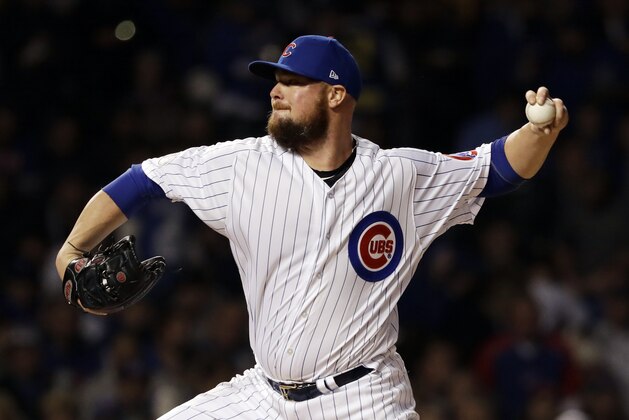 Chicago Cubs starting pitcher Jon Lester throws against the Colorado Rockies during the first inning of the National League wild-card playoff baseball game Tuesday, Oct. 2, 2018, in Chicago. (AP Photo/Nam Y. Huh)