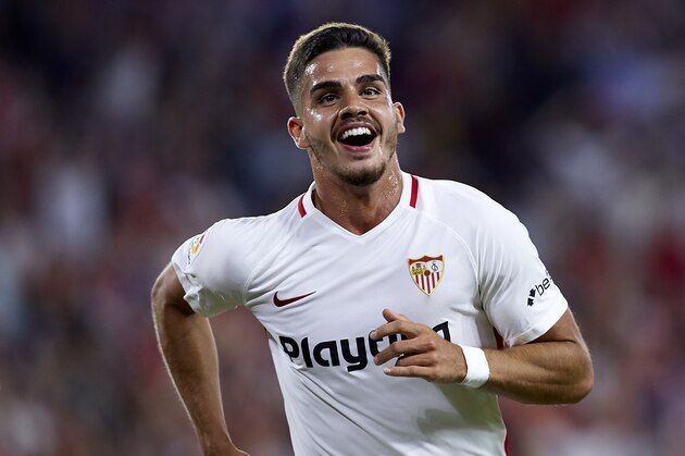 SEVILLE, SPAIN - SEPTEMBER 26:  Andre Silva of Sevilla celebrates after scoring his sides first goal during the La Liga match between Sevilla FC and Real Madrid CF at Estadio Ramon Sanchez Pizjuan on September 26, 2018 in Seville, Spain.  (Photo by Quality Sport Images/Getty Images)