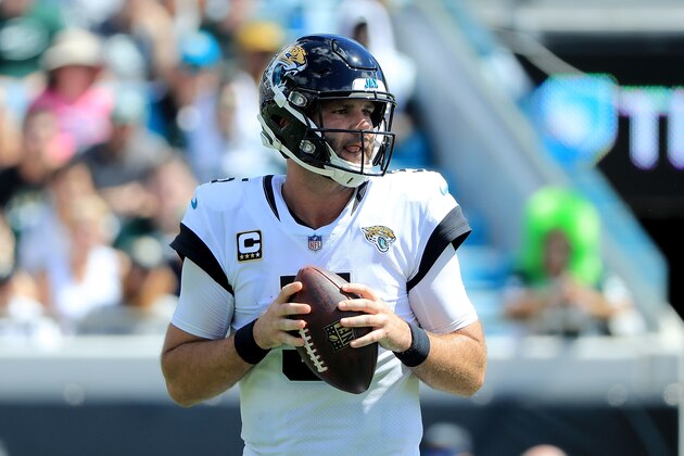 JACKSONVILLE, FL - SEPTEMBER 30:  Blake Bortles #5 of the Jacksonville Jaguars attempts a pass during the game against the New York Jets on September 30, 2018 in Jacksonville, Florida.  (Photo by Sam Greenwood/Getty Images)