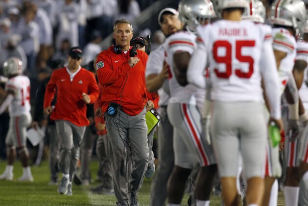 STATE COLLEGE, PA - SEPTEMBER 29:  Head coach Urban Meyer of the Ohio State Buckeyes looks on against the Penn State Nittany Lions on September 29, 2018 at Beaver Stadium in State College, Pennsylvania.  (Photo by Justin K. Aller/Getty Images)