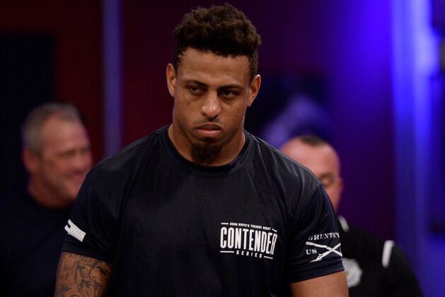 LAS VEGAS, NV - AUGUST 07:  Greg Hardy prepares to fight Tebaris Gordon in their heavyweight fight during Dana White's Tuesday Night Contender Series at the TUF Gym on August 7, 2018 in Las Vegas, Nevada. (Photo by Chris Unger/DWTNCS LLC)