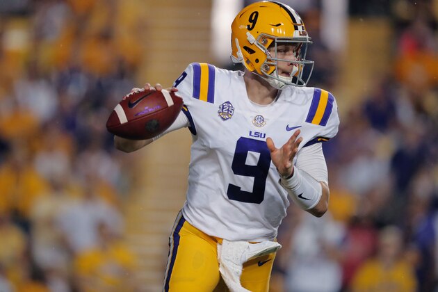 LSU quarterback Joe Burrow (9) drops back to pass in the first half of an NCAA college football game against Mississippi in Baton Rouge, La., Saturday, Sept. 29, 2018. (AP Photo/Gerald Herbert)
