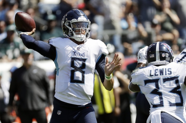 Tennessee Titans quarterback Marcus Mariota passes against the Philadelphia Eagles in the first half of an NFL football game Sunday, Sept. 30, 2018, in Nashville, Tenn. (AP Photo/James Kenney)