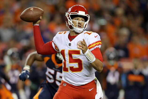 DENVER, CO - OCTOBER 01:  Quarterback Patrick Mahomes #15 of the Kansas City Chiefs throws against the Denver Broncos at Broncos Stadium at Mile High on October 1, 2018 in Denver, Colorado.  (Photo by Matthew Stockman/Getty Images)
