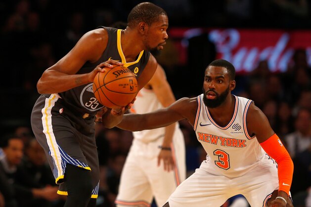 NEW YORK, NY - FEBRUARY 26:  (NEW YORK DAILIES OUT)    Tim Hardaway Jr. #3 of the New York Knicks in action against Kevin Durant #35 of the Golden State Warriors at Madison Square Garden on February 26, 2018 in New York City. The Warriors defeated the Knicks 125-111. NOTE TO USER: User expressly acknowledges and agrees that, by downloading and/or using this Photograph, user is consenting to the terms and conditions of the Getty Images License Agreement.  (Photo by Jim McIsaac/Getty Images)