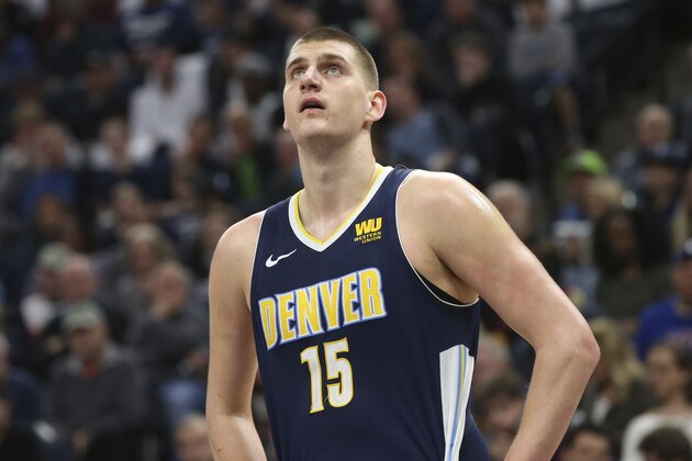 Denver Nuggets' Nikola Jokic of Serbia plays against the Minnesota Timberwolves in an NBA basketball game Wednesday, April 11, 2018, in Minneapolis. (AP Photo/Jim Mone)