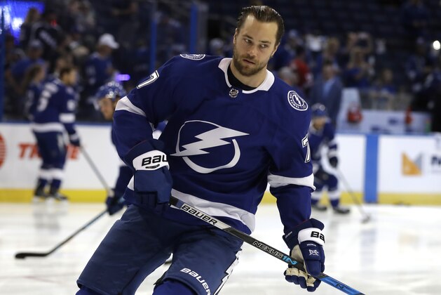 Tampa Bay Lightning defenseman Victor Hedman before an NHL preseason hockey game against the Carolina Hurricanes Tuesday, Sept. 18, 2018, in Tampa, Fla. (AP Photo/Chris O'Meara)