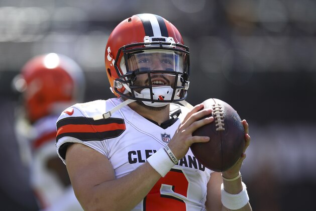 Cleveland Browns quarterback Baker Mayfield (6) before an NFL football game against the Oakland Raiders in Oakland, Calif., Sunday, Sept. 30, 2018. (AP Photo/Ben Margot)