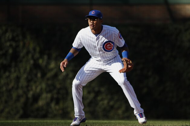 Chicago Cubs shortstop Addison Russell (27) waits on a ball during the fourth inning of a baseball game against the Cincinnati Reds in Chicago, on Saturday, Sept. 15, 2018. (AP Photo/Jeff Haynes)