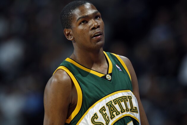 Seattle SuperSonics forward Kevin Durant heads to the bench while facing the Denver Nuggets in the first quarter of an NBA basketball game in Denver on Sunday, March 16, 2008. (AP Photo/David Zalubowski)