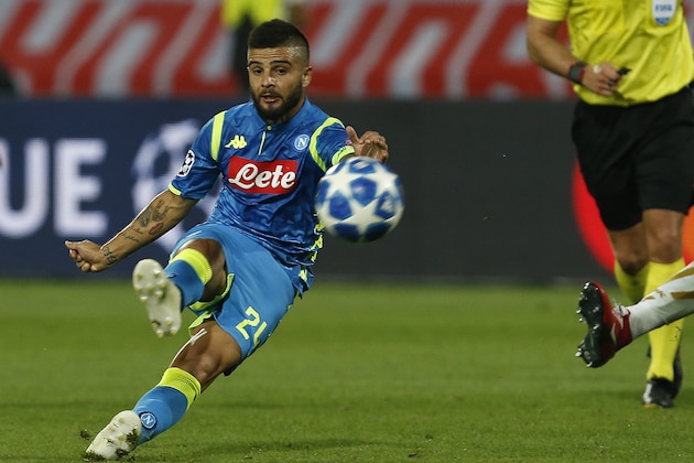 Napoli forward Lorenzo Insigne takes a shot during the Champions League group C soccer match between Red Star and Napoli, in Belgrade, Serbia, Tuesday, Sept. 18, 2018. (AP Photo/Darko Vojinovic)