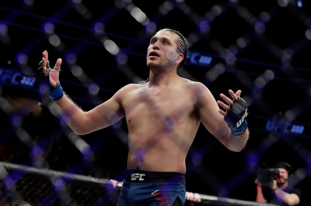LAS VEGAS, NV - MARCH 03:  Brian Ortega celebrates his victory over Frankie Edgar following their featherweight bout during UFC 222 at T-Mobile Arena on March 3, 2018 in Las Vegas, Nevada. Ortega won by TKO.  (Photo by Isaac Brekken/Getty Images)