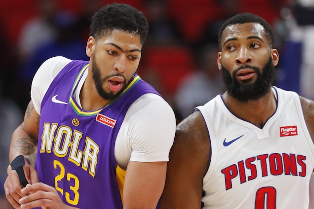 New Orleans Pelicans forward Anthony Davis (23) and Detroit Pistons center Andre Drummond (0) play in the first half of an NBA basketball game in Detroit, Monday, Feb. 12, 2018. (AP Photo/Paul Sancya)