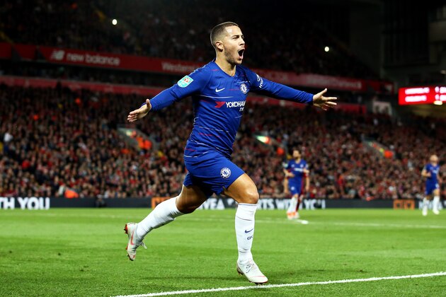 LIVERPOOL, ENGLAND - SEPTEMBER 26:  Eden Hazard of Chelsea celebrates after he scores his sides second goal during the Carabao Cup Third Round match between Liverpool and Chelsea at Anfield on September 26, 2018 in Liverpool, England.  (Photo by Jan Kruger/Getty Images)