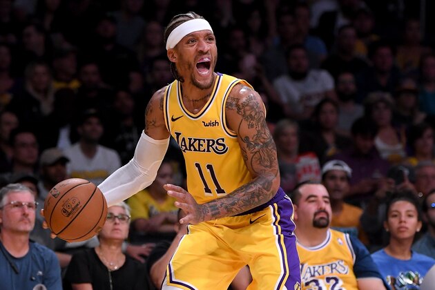 LOS ANGELES, CA - OCTOBER 02:  Michael Beasley #11 of the Los Angeles Lakers reacts as he dribbles during a preseason game against the Denver Nuggets at Staples Center on October 2, 2018 in Los Angeles, California.  (Photo by Harry How/Getty Images)
