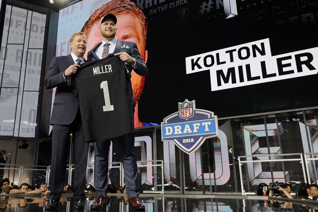Commissioner Roger Goodell, left, presents UCLA's Kolton Miller with his Oakland Raiders jersey during the first round of the NFL football draft, Thursday, April 26, 2018, in Arlington, Texas. (AP Photo/David J. Phillip)