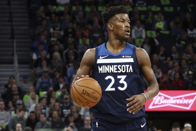 Minnesota Timberwolves' Jimmy Butler plays against the Houston Rockets during the first half of Game 4 in an NBA basketball first-round playoff series Monday, April 23, 2018, in Minneapolis. (AP Photo/Jim Mone)