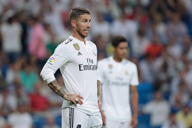 MADRID, SPAIN - SEPTEMBER 29: Sergio Ramos of Real Madrid during the La Liga Santander  match between Real Madrid v Atletico Madrid at the Santiago Bernabeu on September 29, 2018 in Madrid Spain (Photo by David S. Bustamante/Soccrates/Getty Images)