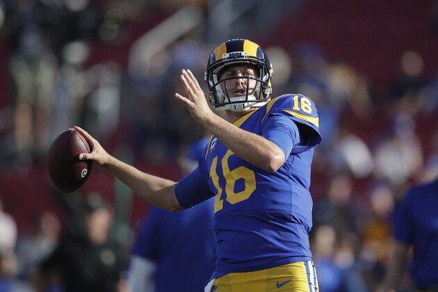 Los Angeles Rams quarterback Jared Goff warms up before an NFL football game against the Minnesota Vikings Thursday, Sept. 27, 2018, in Los Angeles. (AP Photo/Jae C. Hong)